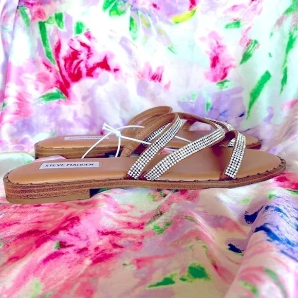 Brand New Steve Madden Rhinestone Multi Strap Slides Sandals Sparkle Studded