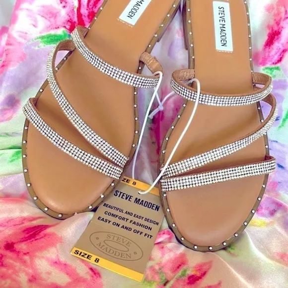 Brand New Steve Madden Rhinestone Multi Strap Slides Sandals Sparkle Studded