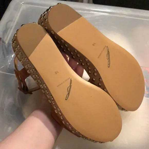 Brian Atwood gorgeous suede tan brown cognac platform sandals heels 10 studded