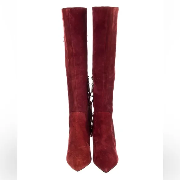 Brian Atwood Red Suede Fringe Trim Accent Pointed Toe Boots size 8.5