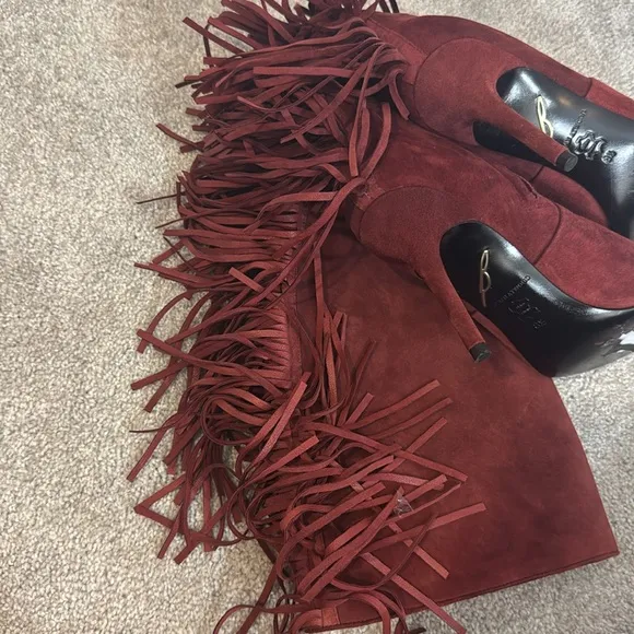 Brian Atwood Red Suede Fringe Trim Accent Pointed Toe Boots size 8.5