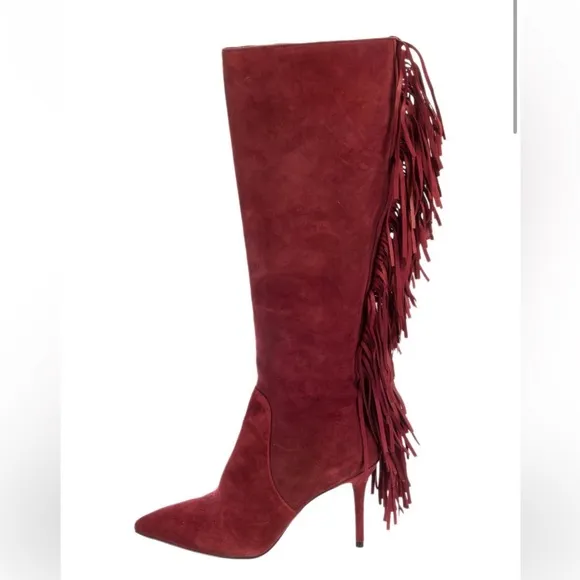 Brian Atwood Red Suede Fringe Trim Accent Pointed Toe Boots size 8.5