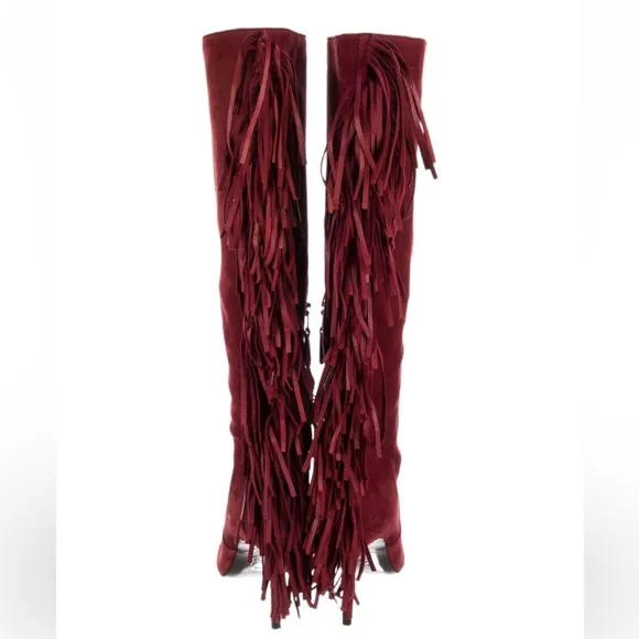 Brian Atwood Red Suede Fringe Trim Accent Pointed Toe Boots size 8.5