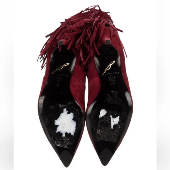 Brian Atwood Red Suede Fringe Trim Accent Pointed Toe Boots size 8.5
