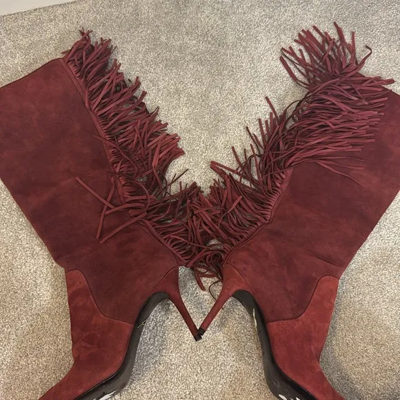 Brian Atwood Red Suede Fringe Trim Accent Pointed Toe Boots size 8.5