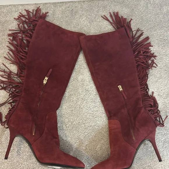 Brian Atwood Red Suede Fringe Trim Accent Pointed Toe Boots size 8.5