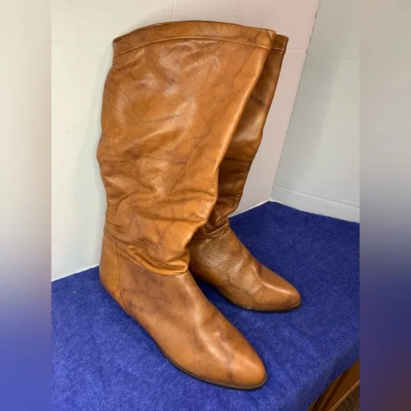 Brown Leather Pointed Toe Slouch Boots - Made in Uruguay - Size 8 1/2 Below Knee