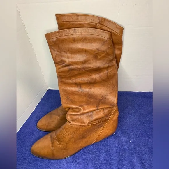 Brown Leather Pointed Toe Slouch Boots - Made in Uruguay - Size 8 1/2 Below Knee