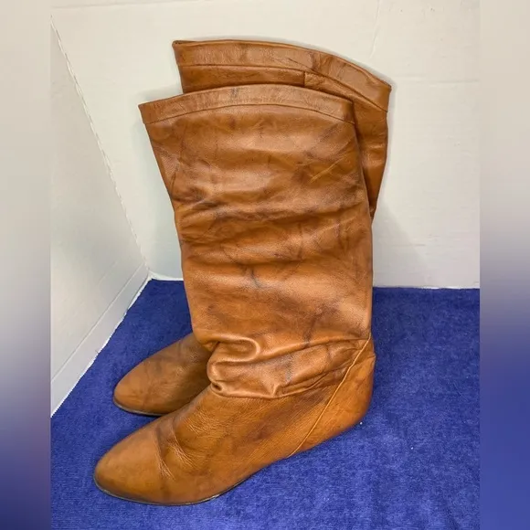 Brown Leather Pointed Toe Slouch Boots - Made in Uruguay - Size 8 1/2 Below Knee