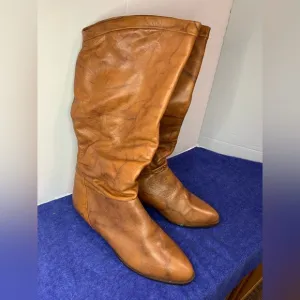 Brown Leather Pointed Toe Slouch Boots - Made in Uruguay - Size 8 1/2 Below Knee