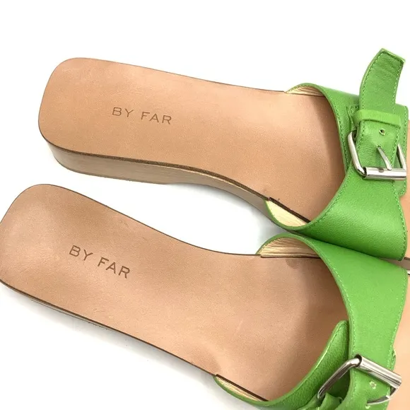 By Far Green Leather Wooden Clog Sandals