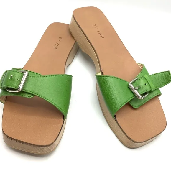 By Far Green Leather Wooden Clog Sandals