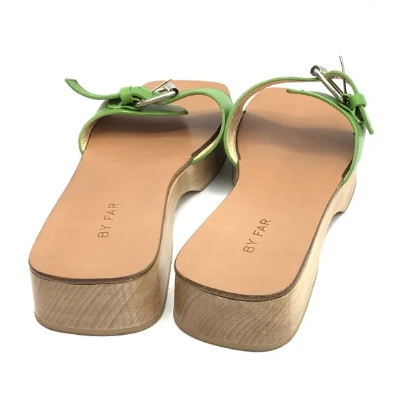 By Far Green Leather Wooden Clog Sandals