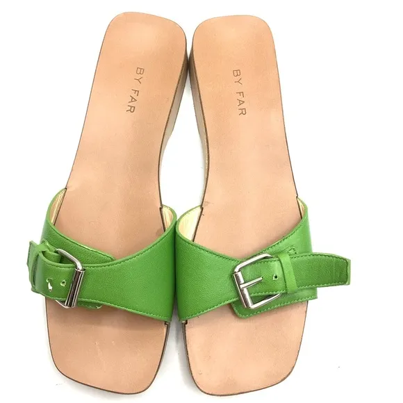By Far Green Leather Wooden Clog Sandals