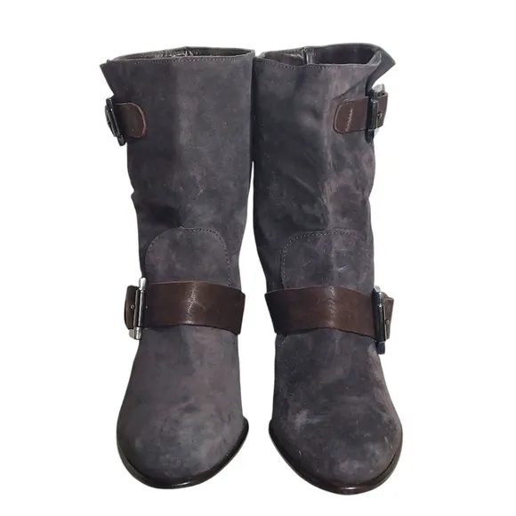 C Doux Suede Leather Double Buckled  Slouchy Style Heeled Boots