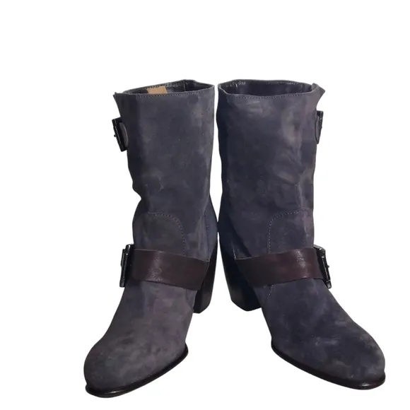 C Doux Suede Leather Double Buckled  Slouchy Style Heeled Boots
