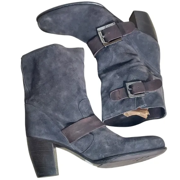C Doux Suede Leather Double Buckled  Slouchy Style Heeled Boots