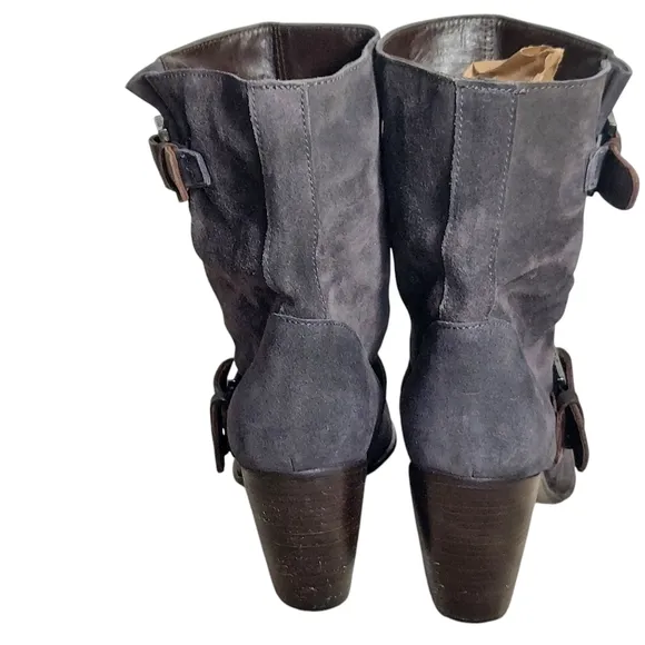C Doux Suede Leather Double Buckled  Slouchy Style Heeled Boots