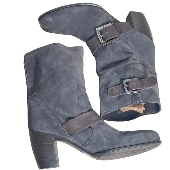 C Doux Suede Leather Double Buckled  Slouchy Style Heeled Boots