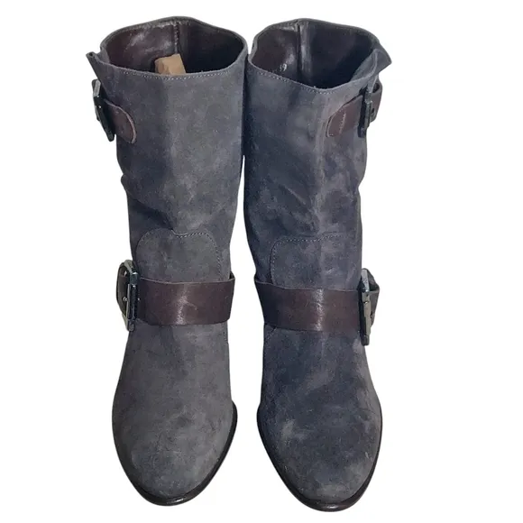 C Doux Suede Leather Double Buckled  Slouchy Style Heeled Boots
