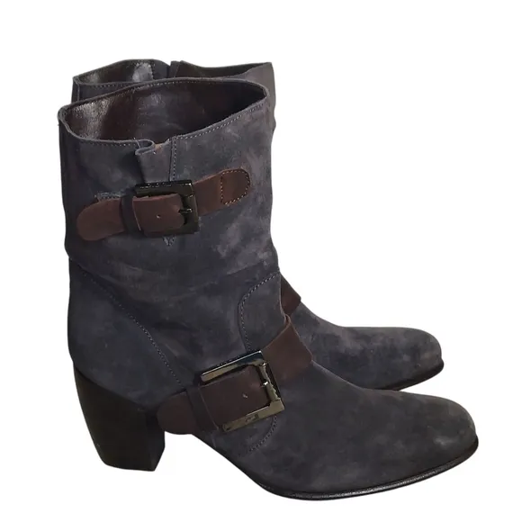 C Doux Suede Leather Double Buckled  Slouchy Style Heeled Boots