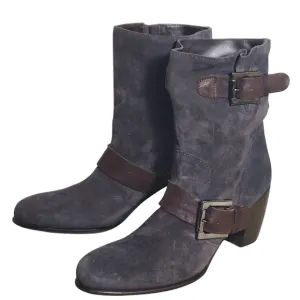 C Doux Suede Leather Double Buckled  Slouchy Style Heeled Boots