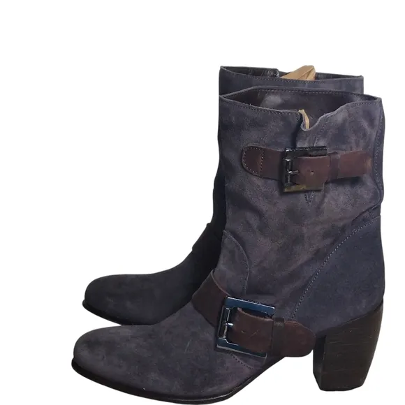 C Doux Suede Leather Double Buckled  Slouchy Style Heeled Boots