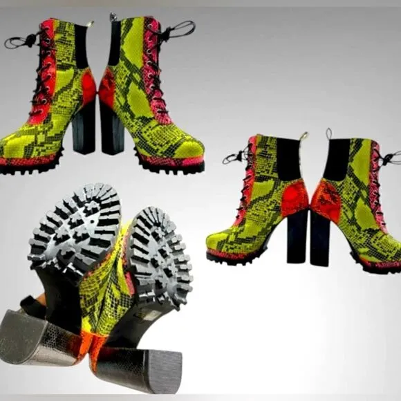 Cape Robbin Neon Snake Print Platform Boots Size 6M – Eye-Catching &amp; Rare!