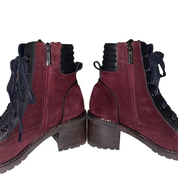 Carmela Burgundy Suede Leather Heeled Boots Womens Size 39 (8.5) Chunky Combat