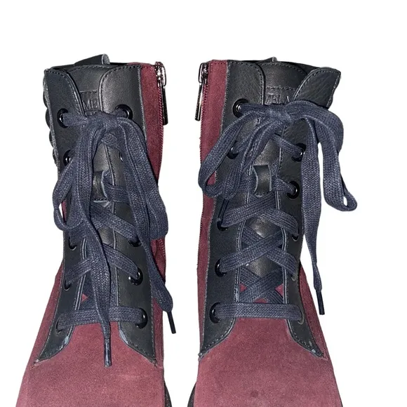 Carmela Burgundy Suede Leather Heeled Boots Womens Size 39 (8.5) Chunky Combat