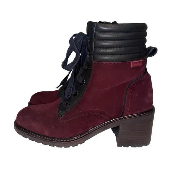 Carmela Burgundy Suede Leather Heeled Boots Womens Size 39 (8.5) Chunky Combat