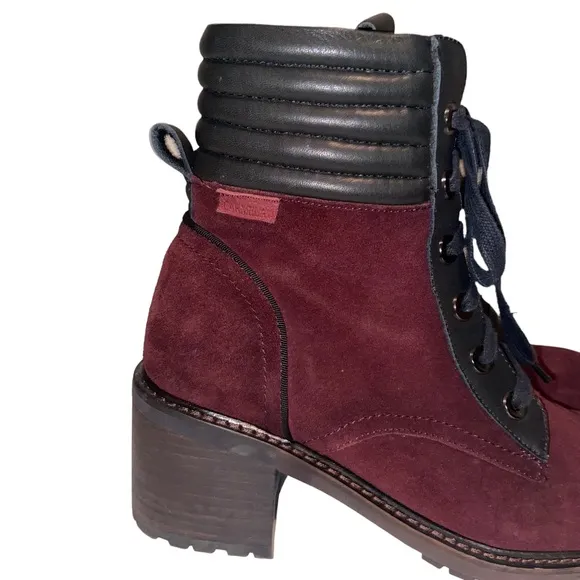 Carmela Burgundy Suede Leather Heeled Boots Womens Size 39 (8.5) Chunky Combat