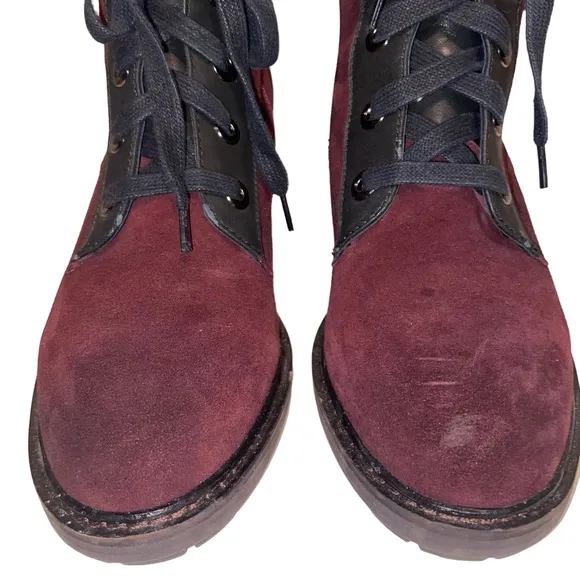 Carmela Burgundy Suede Leather Heeled Boots Womens Size 39 (8.5) Chunky Combat