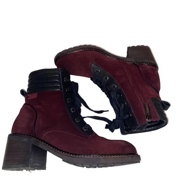 Carmela Burgundy Suede Leather Heeled Boots Womens Size 39 (8.5) Chunky Combat