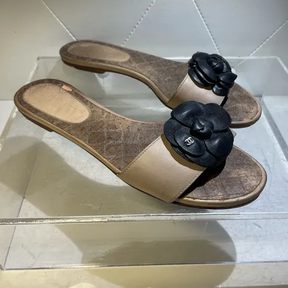 CHANEL camellia sandals leather sz 38.5 made in italy good condition