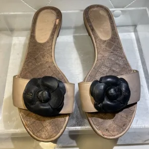 CHANEL camellia sandals leather sz 38.5 made in italy good condition