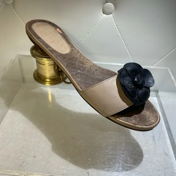 CHANEL camellia sandals leather sz 38.5 made in italy good condition