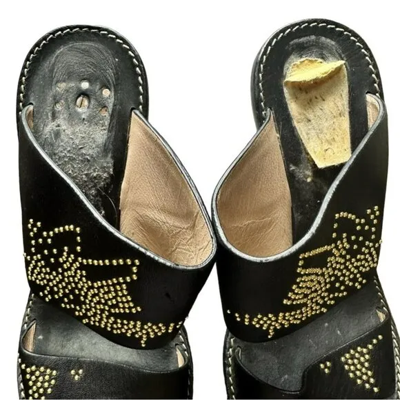Chloe Black Leather Studded Block Heel Sandals With Gold Embellishments Sz 38.5