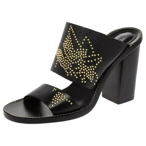 Chloe Black Leather Studded Block Heel Sandals With Gold Embellishments Sz 38.5