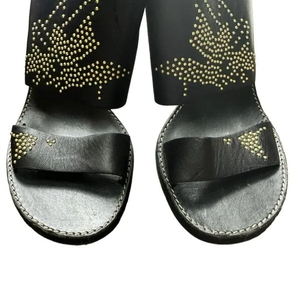 Chloe Black Leather Studded Block Heel Sandals With Gold Embellishments Sz 38.5