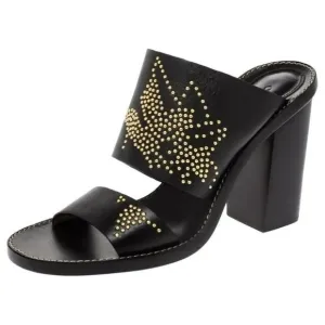Chloe Black Leather Studded Block Heel Sandals With Gold Embellishments Sz 38.5