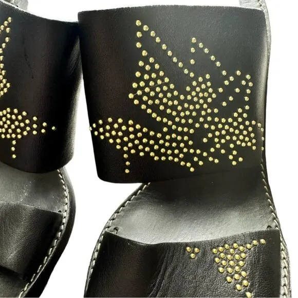 Chloe Black Leather Studded Block Heel Sandals With Gold Embellishments Sz 38.5