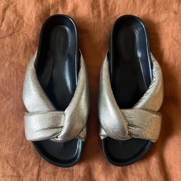 Chloe Silver Metallic Puffy Slide Sandals