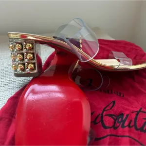 Christian Louboutin Gold Leather &amp; Transparent PVC Almost Nothing 55 Sandal Heel
