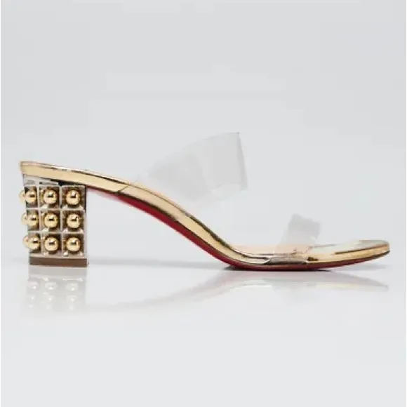 Christian Louboutin Gold Leather &amp; Transparent PVC Almost Nothing 55 Sandal Heel