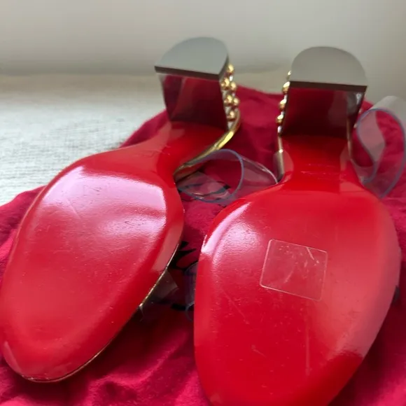 Christian Louboutin Gold Leather &amp; Transparent PVC Almost Nothing 55 Sandal Heel