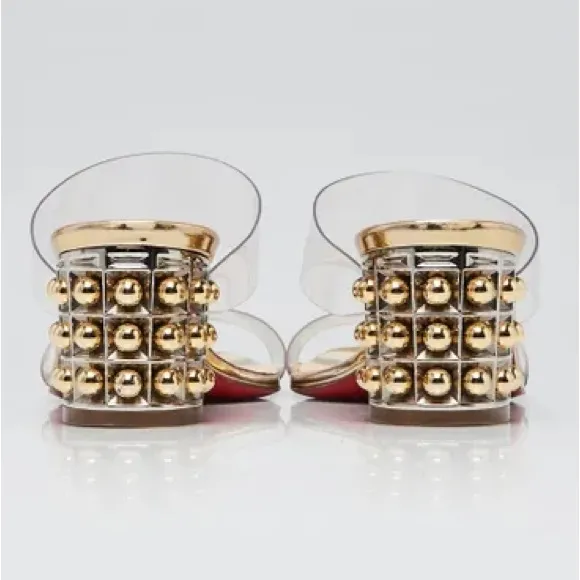 Christian Louboutin Gold Leather &amp; Transparent PVC Almost Nothing 55 Sandal Heel