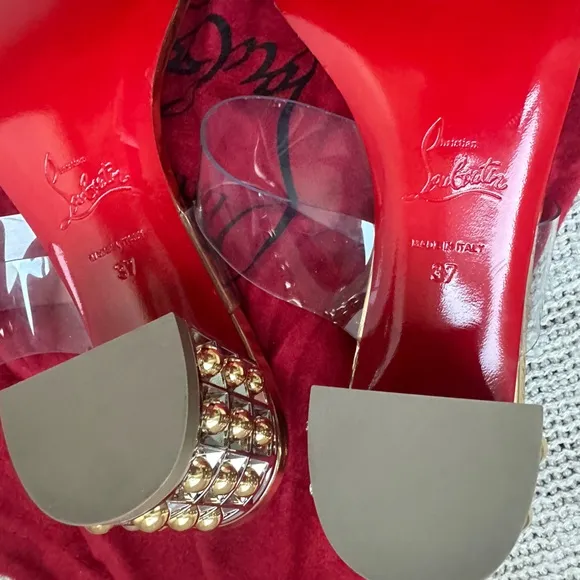Christian Louboutin Gold Leather &amp; Transparent PVC Almost Nothing 55 Sandal Heel