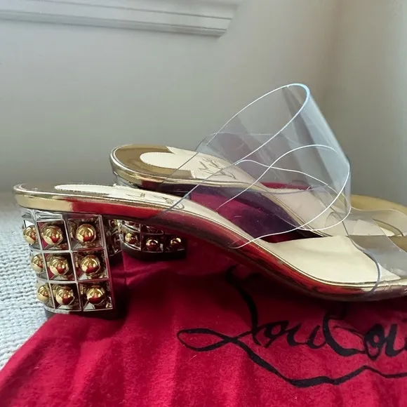 Christian Louboutin Gold Leather &amp; Transparent PVC Almost Nothing 55 Sandal Heel