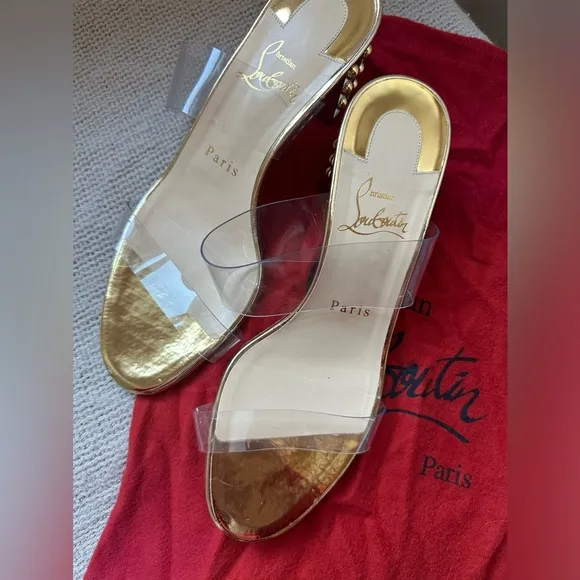 Christian Louboutin Gold Leather &amp; Transparent PVC Almost Nothing 55 Sandal Heel